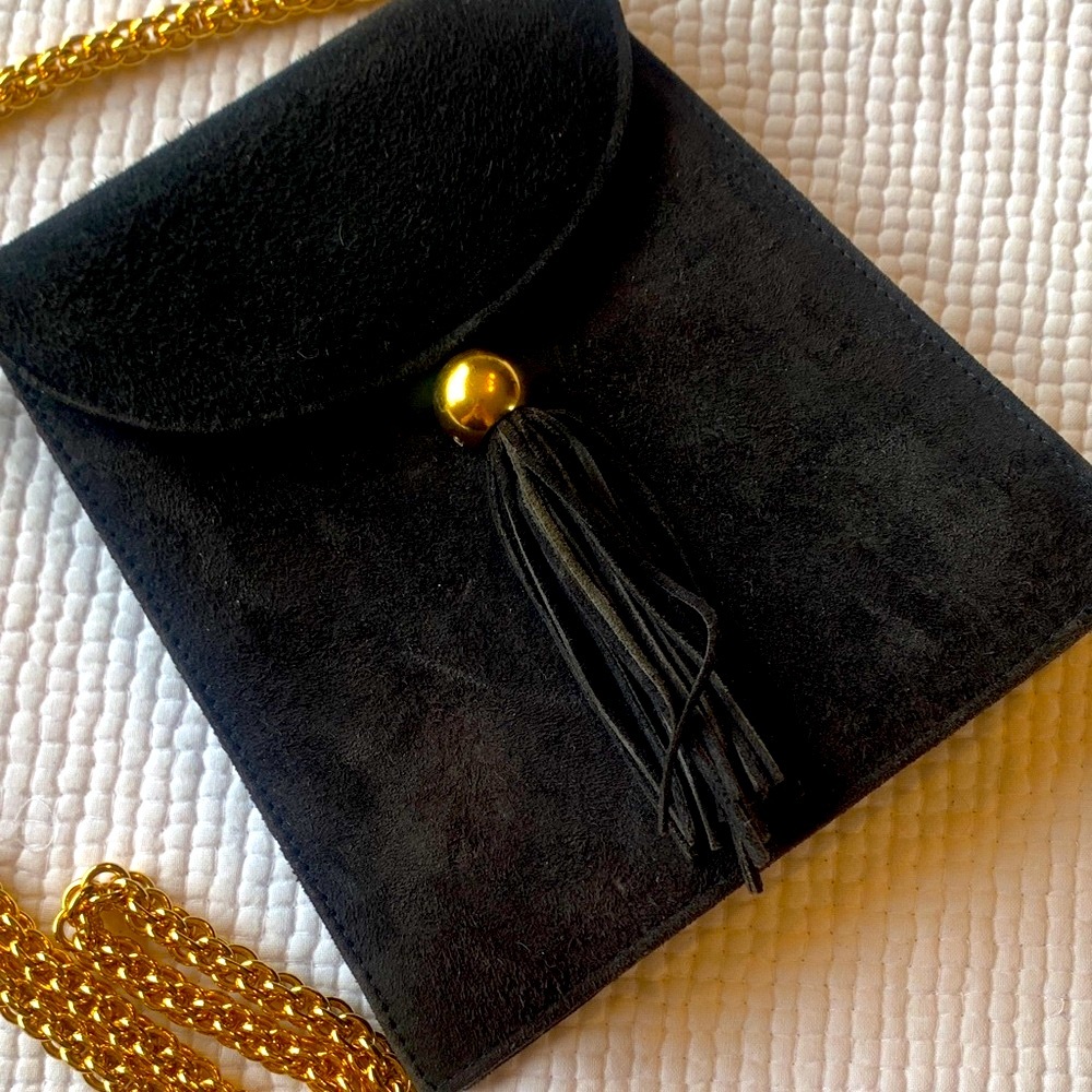 Vintage Palsma Picasso Black Suede Clutch with Gold Chain Fringe Detail